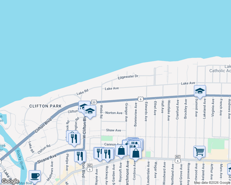 map of restaurants, bars, coffee shops, grocery stores, and more near 17456 Clifton Boulevard in Lakewood