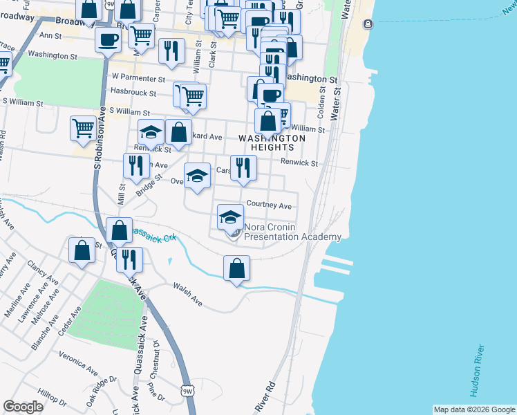 map of restaurants, bars, coffee shops, grocery stores, and more near 72 Liberty Street in Newburgh