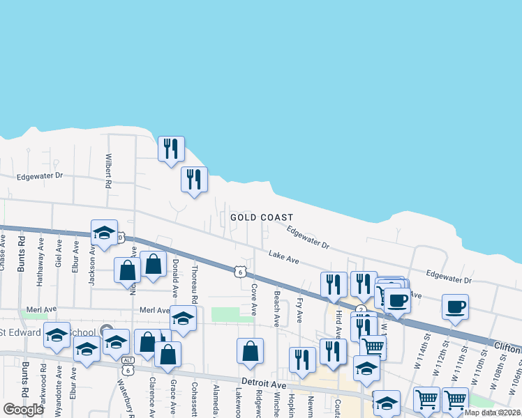 map of restaurants, bars, coffee shops, grocery stores, and more near 12506 Edgewater Drive in Lakewood