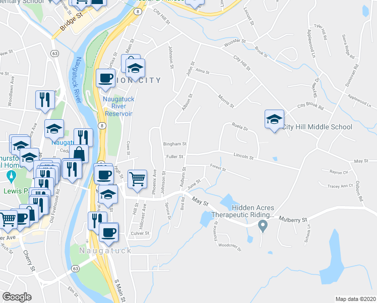 map of restaurants, bars, coffee shops, grocery stores, and more near 87 Auburn Street in Naugatuck