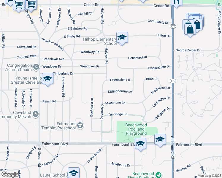 map of restaurants, bars, coffee shops, grocery stores, and more near 24415 Sittingbourne Lane in Beachwood