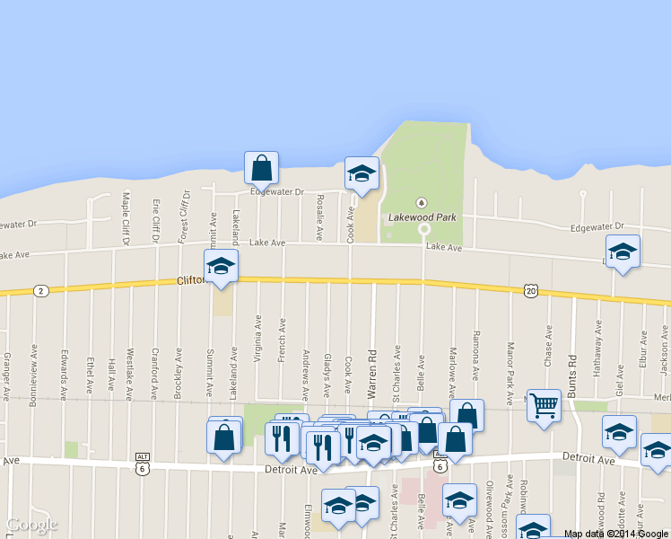 map of restaurants, bars, coffee shops, grocery stores, and more near 14915 Clifton Boulevard in Lakewood