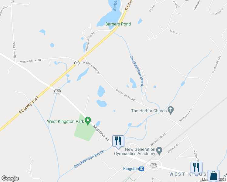 map of restaurants, bars, coffee shops, grocery stores, and more near 500 Waites Corner Road in South Kingstown