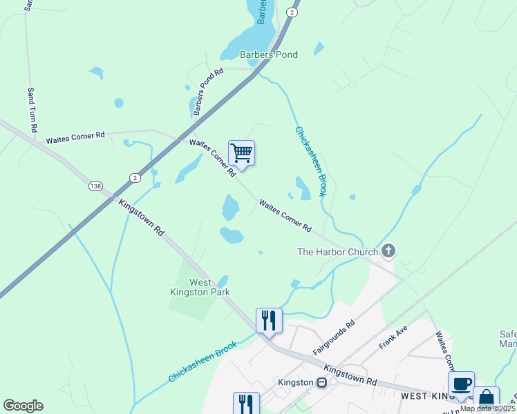 map of restaurants, bars, coffee shops, grocery stores, and more near 500 Waites Corner Road in South Kingstown