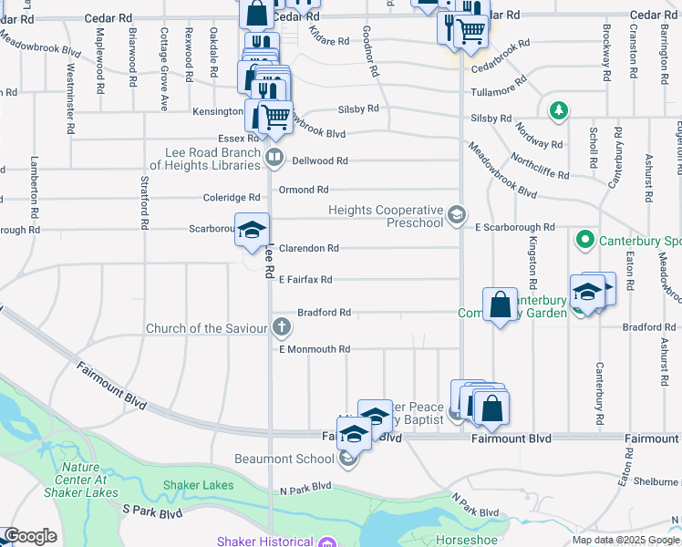 map of restaurants, bars, coffee shops, grocery stores, and more near 3272 East Fairfax Road in Cleveland Heights