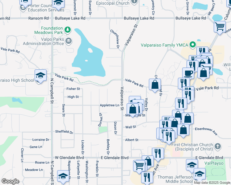 map of restaurants, bars, coffee shops, grocery stores, and more near 2501 Valparaiso Street in Valparaiso