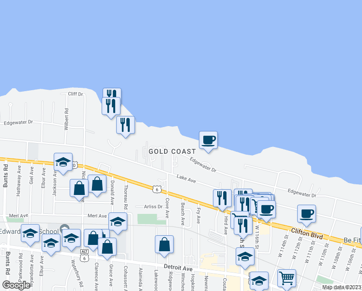 map of restaurants, bars, coffee shops, grocery stores, and more near 12039 Edgewater Drive in Lakewood