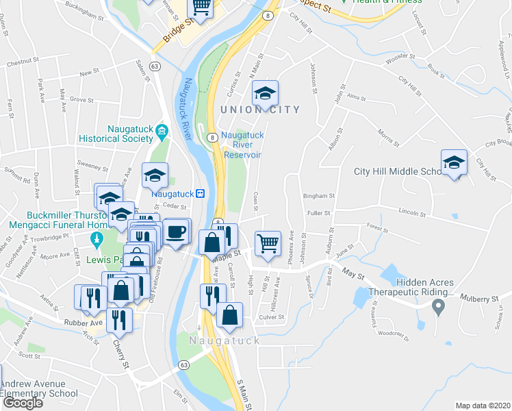 map of restaurants, bars, coffee shops, grocery stores, and more near 20 Coen Street in Naugatuck