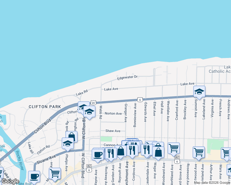 map of restaurants, bars, coffee shops, grocery stores, and more near 17416 Clifton Boulevard in Lakewood