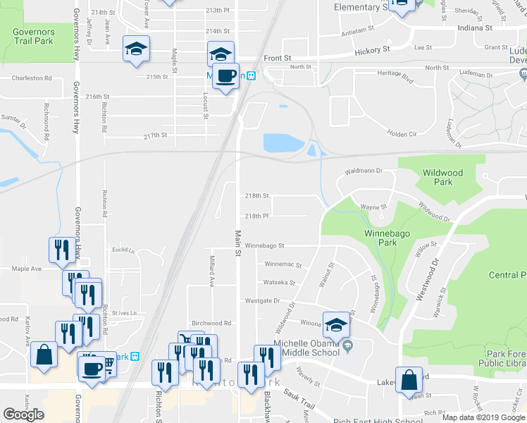 map of restaurants, bars, coffee shops, grocery stores, and more near 3520 218th Place in Matteson
