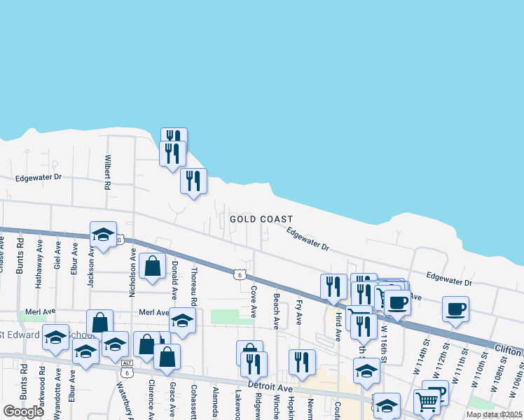 map of restaurants, bars, coffee shops, grocery stores, and more near 12506 Edgewater Drive in Lakewood