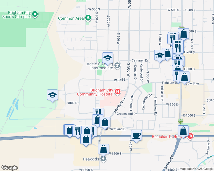 map of restaurants, bars, coffee shops, grocery stores, and more near 684 West 885 South in Brigham City