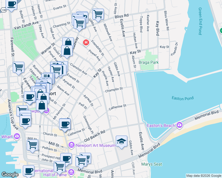 map of restaurants, bars, coffee shops, grocery stores, and more near 25 Hunter Avenue in Newport