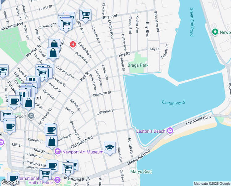 map of restaurants, bars, coffee shops, grocery stores, and more near 29 Champlin Street in Newport