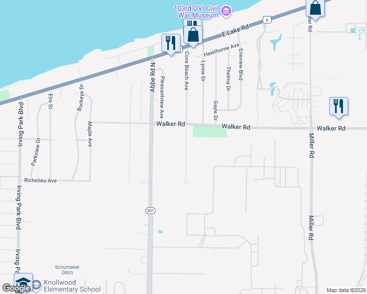 map of restaurants, bars, coffee shops, grocery stores, and more near 424 Cove Beach Avenue in Sheffield Lake