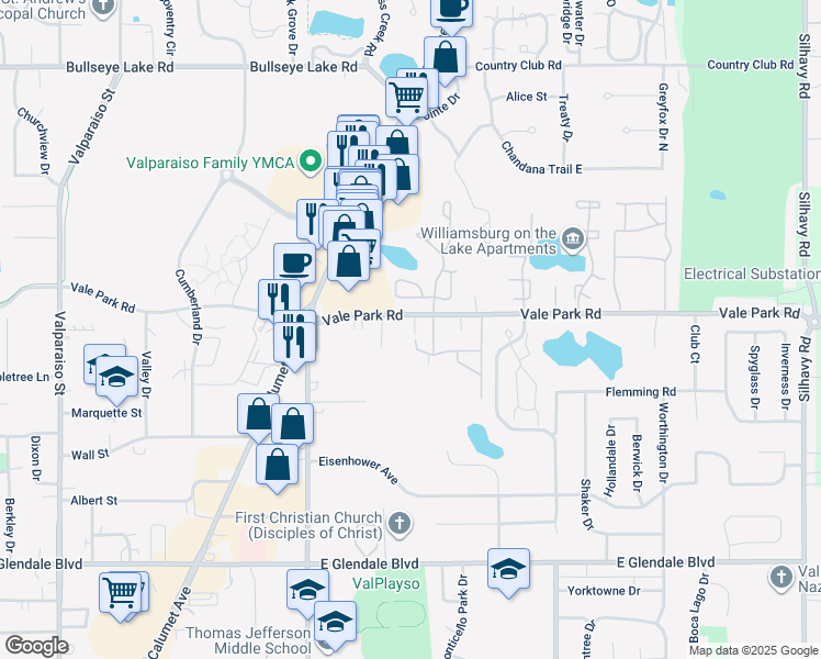 map of restaurants, bars, coffee shops, grocery stores, and more near 1502 Vale Park Road in Valparaiso