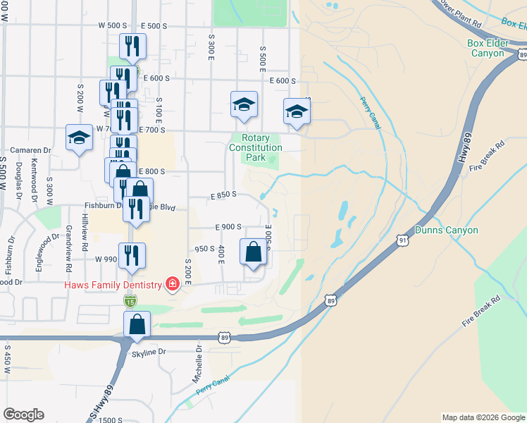 map of restaurants, bars, coffee shops, grocery stores, and more near 863 South Arapaho Court in Brigham City