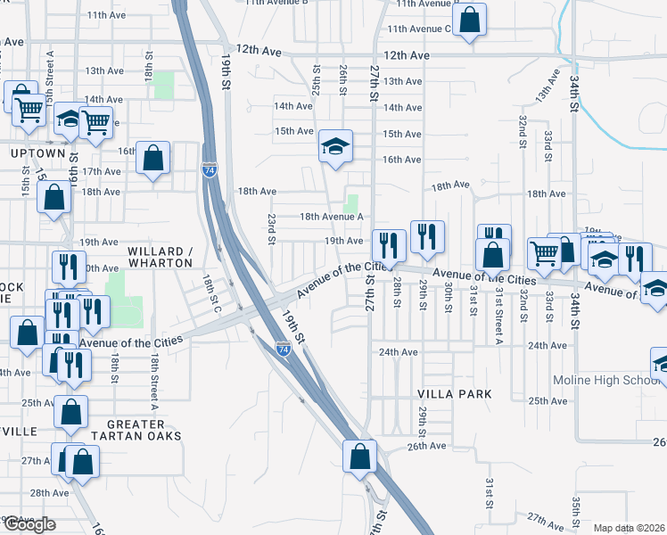 map of restaurants, bars, coffee shops, grocery stores, and more near 1907 25th Street in Moline