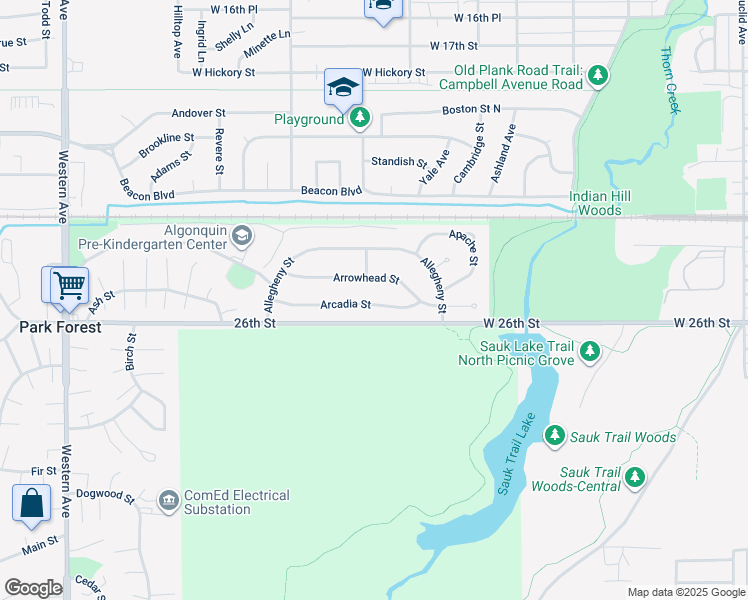 map of restaurants, bars, coffee shops, grocery stores, and more near 262 Arcadia Street in Park Forest