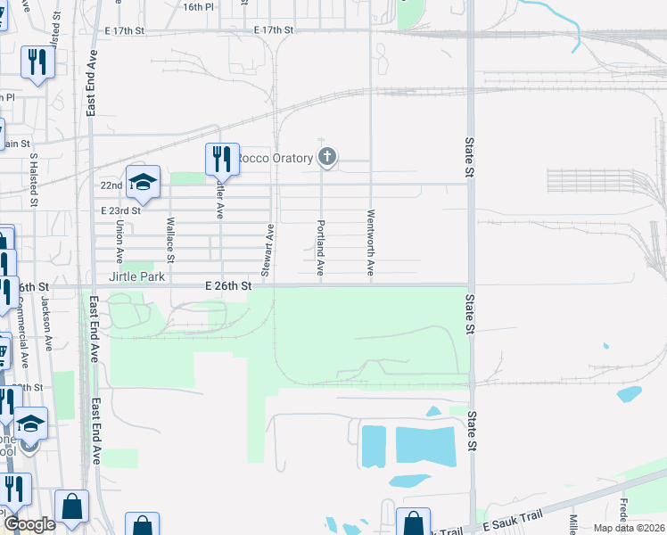 map of restaurants, bars, coffee shops, grocery stores, and more near 327 East 25th Street in Ford Heights