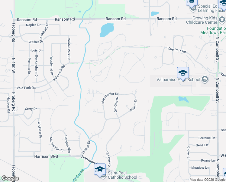 map of restaurants, bars, coffee shops, grocery stores, and more near 2605 Manchester Drive in Valparaiso