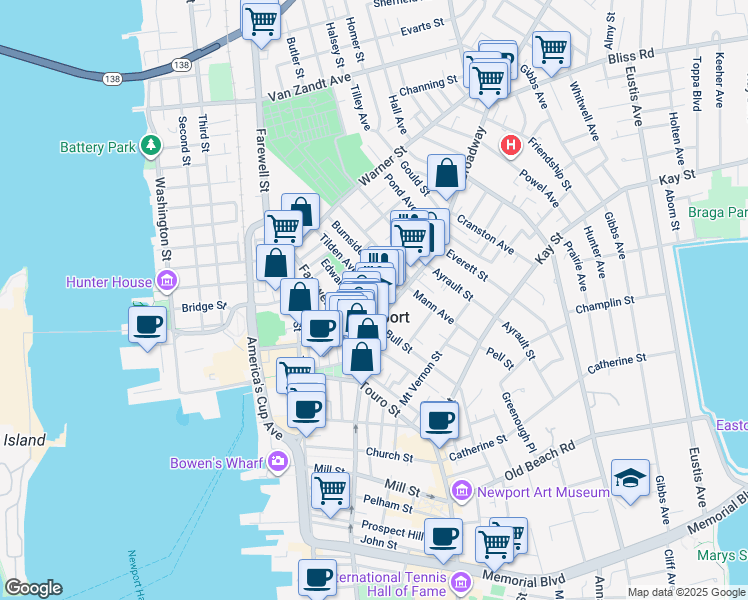 map of restaurants, bars, coffee shops, grocery stores, and more near 76 Broadway in Newport