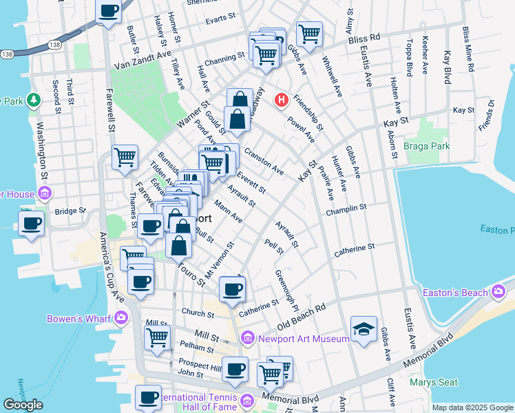 map of restaurants, bars, coffee shops, grocery stores, and more near 22 Everett Street in Newport