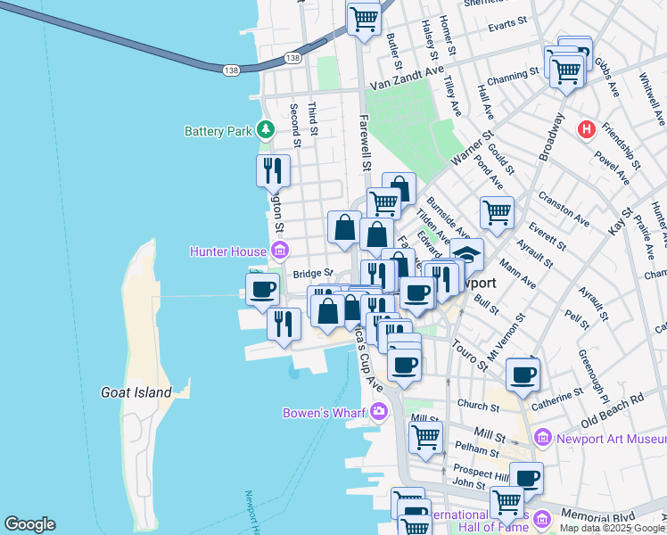 map of restaurants, bars, coffee shops, grocery stores, and more near 31 Elm Street in Newport