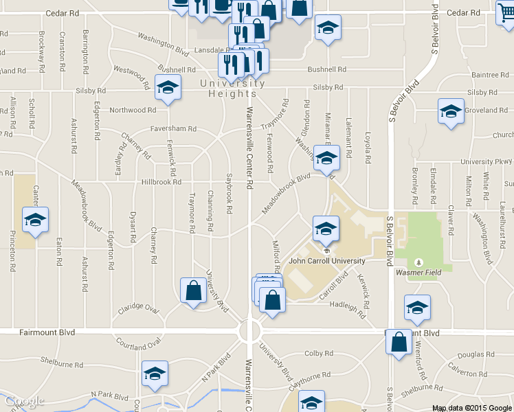 map of restaurants, bars, coffee shops, grocery stores, and more near 2451 Warrensville Center Road in University Heights