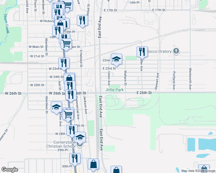 map of restaurants, bars, coffee shops, grocery stores, and more near 2417 Union Avenue in Chicago Heights