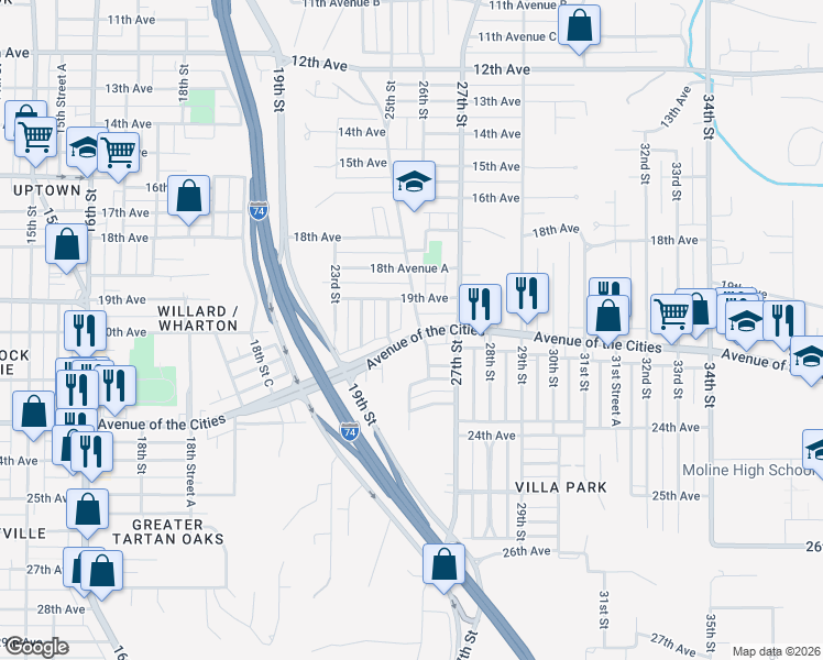 map of restaurants, bars, coffee shops, grocery stores, and more near 1907 25th Street in Moline
