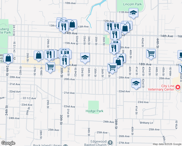 map of restaurants, bars, coffee shops, grocery stores, and more near 1811 34th Street in Rock Island