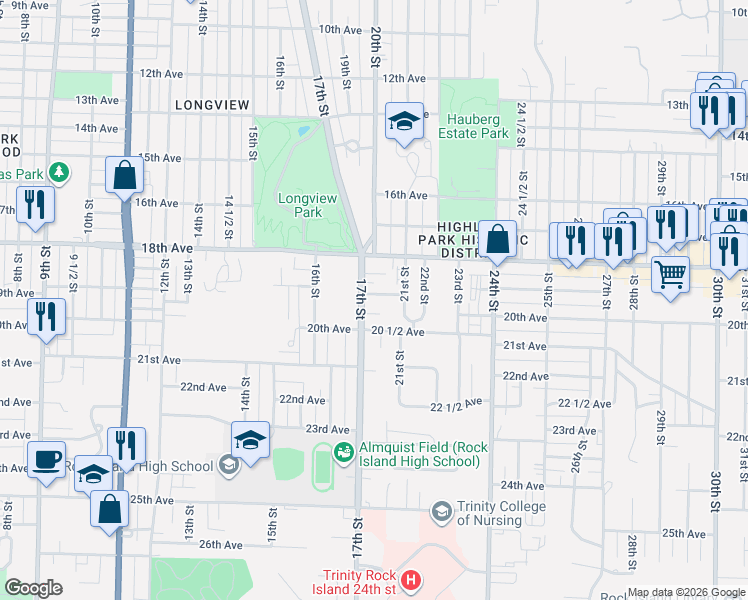 map of restaurants, bars, coffee shops, grocery stores, and more near 1732 18th Avenue in Rock Island