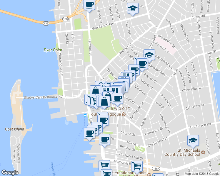 map of restaurants, bars, coffee shops, grocery stores, and more near 31 Farewell Street in Newport