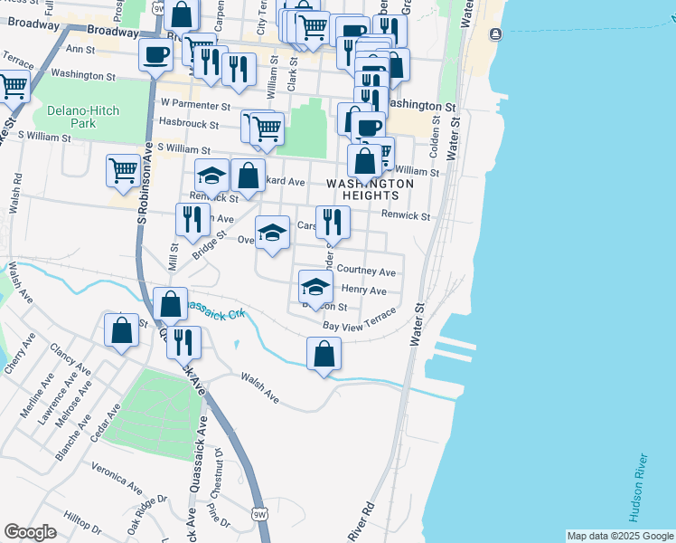 map of restaurants, bars, coffee shops, grocery stores, and more near 61 Courtney Avenue in Newburgh