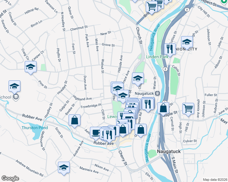 map of restaurants, bars, coffee shops, grocery stores, and more near 51 Hillside Avenue in Naugatuck