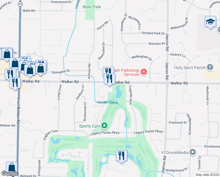 map of restaurants, bars, coffee shops, grocery stores, and more near 32421 Walker Road in Avon Lake