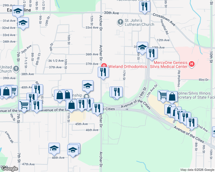 map of restaurants, bars, coffee shops, grocery stores, and more near 2199 39th Avenue in East Moline