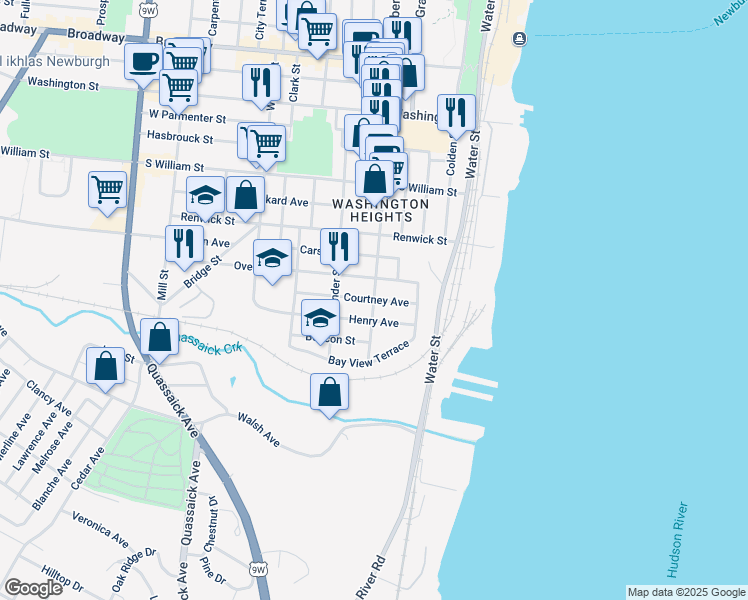 map of restaurants, bars, coffee shops, grocery stores, and more near Liberty Street Washington Heights in Newburgh