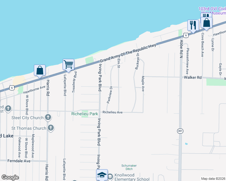 map of restaurants, bars, coffee shops, grocery stores, and more near 470 Elm Street in Sheffield Lake
