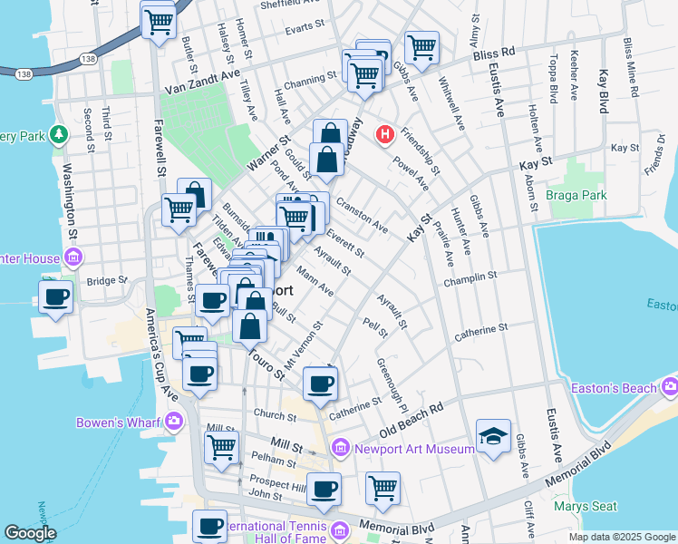 map of restaurants, bars, coffee shops, grocery stores, and more near 14 Ayrault Street in Newport
