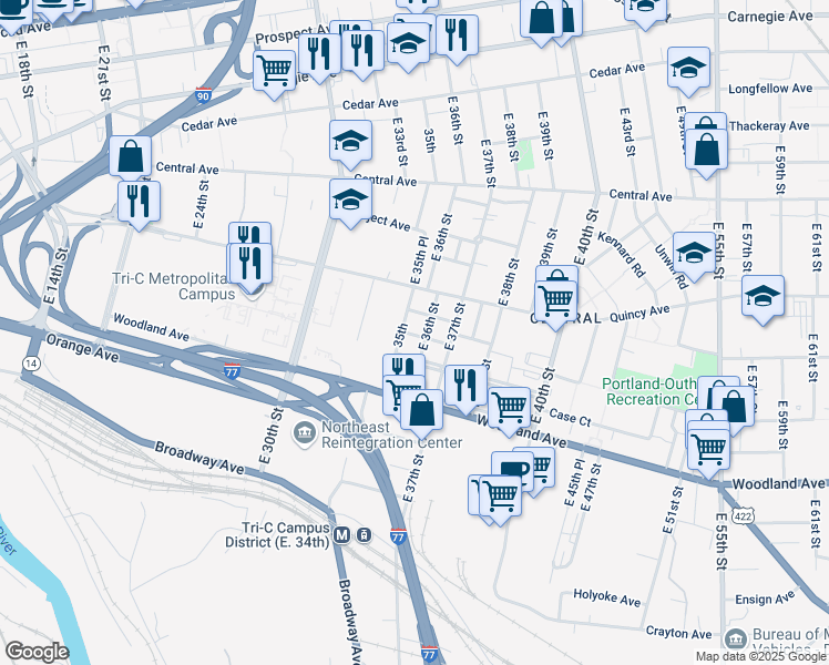 map of restaurants, bars, coffee shops, grocery stores, and more near 3529 Capers Avenue in Cleveland