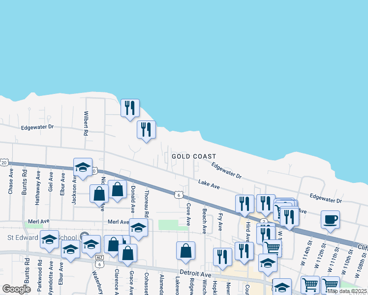 map of restaurants, bars, coffee shops, grocery stores, and more near 12520 Edgewater Drive in Lakewood