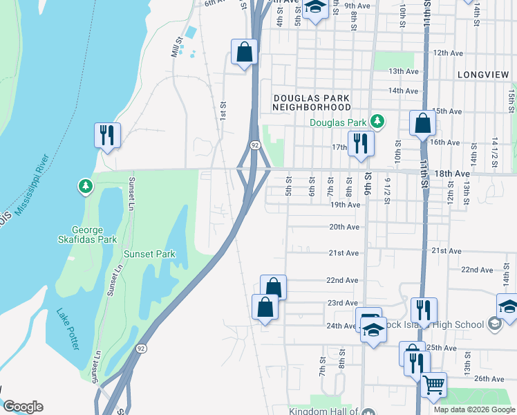 map of restaurants, bars, coffee shops, grocery stores, and more near 1900-1954 4th Street in Rock Island