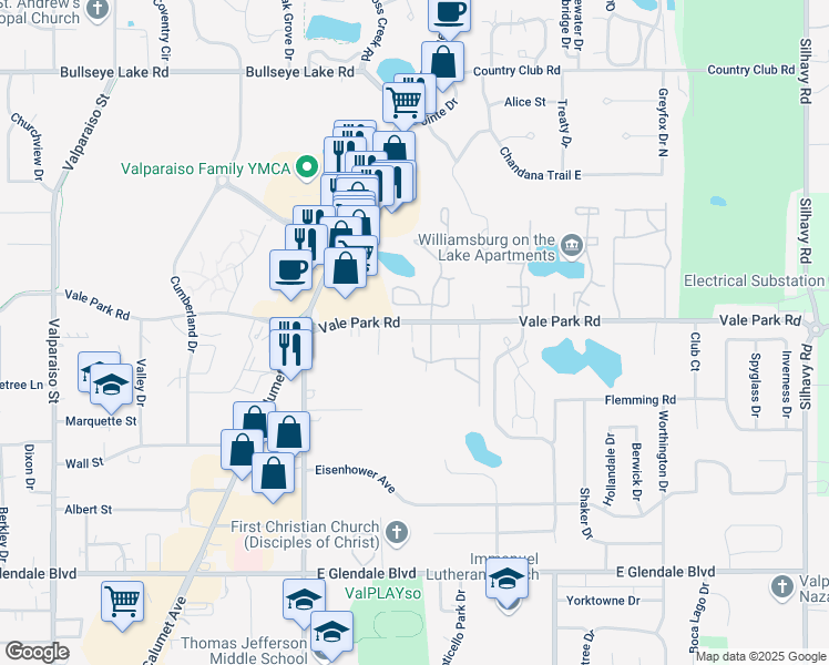map of restaurants, bars, coffee shops, grocery stores, and more near 1504 Vale Park Road in Valparaiso