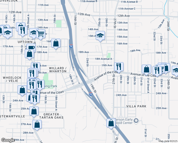 map of restaurants, bars, coffee shops, grocery stores, and more near 1901-2299 23rd Street in Moline