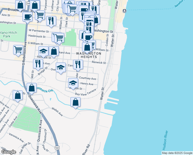 map of restaurants, bars, coffee shops, grocery stores, and more near 8 Overlook Place in Newburgh