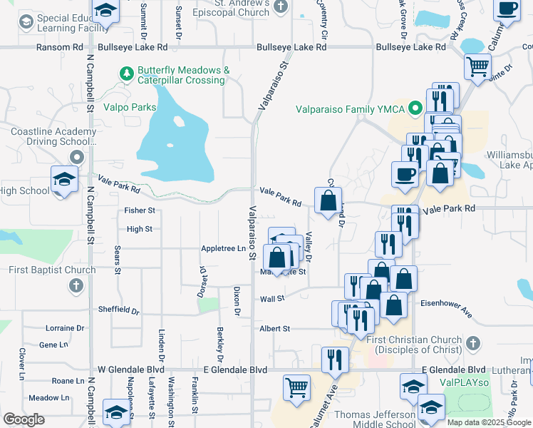 map of restaurants, bars, coffee shops, grocery stores, and more near 2610-40 Valparaiso Street in Valparaiso