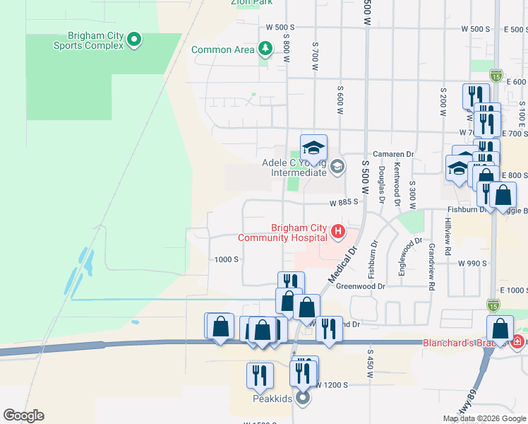 map of restaurants, bars, coffee shops, grocery stores, and more near 870 West 925 South in Brigham City