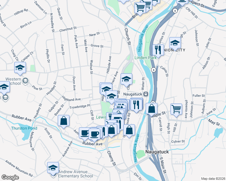 map of restaurants, bars, coffee shops, grocery stores, and more near 5 Winslow Court in Naugatuck